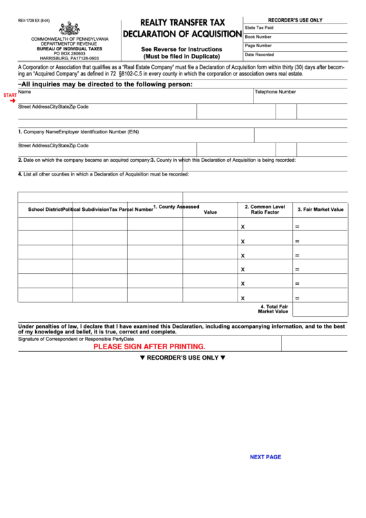 Fillable Form Rev-1728 - Realty Transfer Tax Declaration Of Acquisition Printable pdf