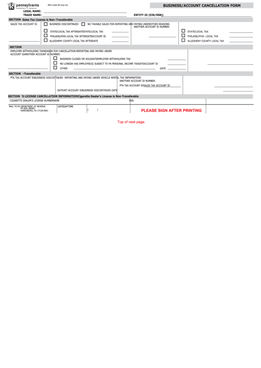 Fillable Form Rev-1706 - Business/account Cancellation Form Printable pdf