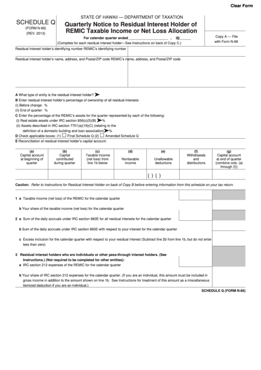 Fillable Form N-66 - Schedule Q - Quarterly Notice To Residual Interest Holder Of Remic Taxable Income Or Net Loss Allocation Printable pdf
