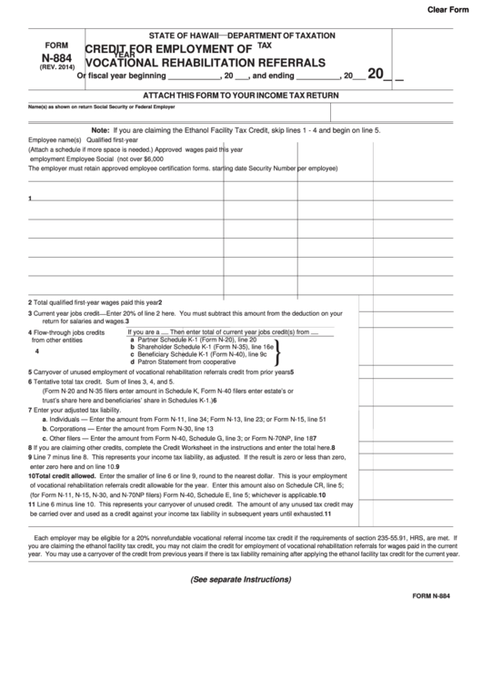 Form N-884 - Credit For Employment Of Vocational Rehabilitation Referrals