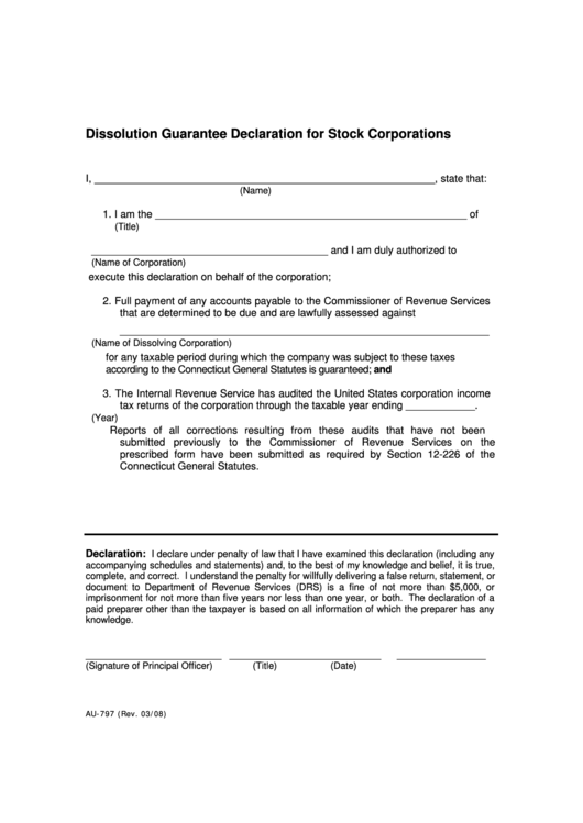 Form Au-797 - Dissolution Guarantee Declaration For Stock Corporations Printable pdf