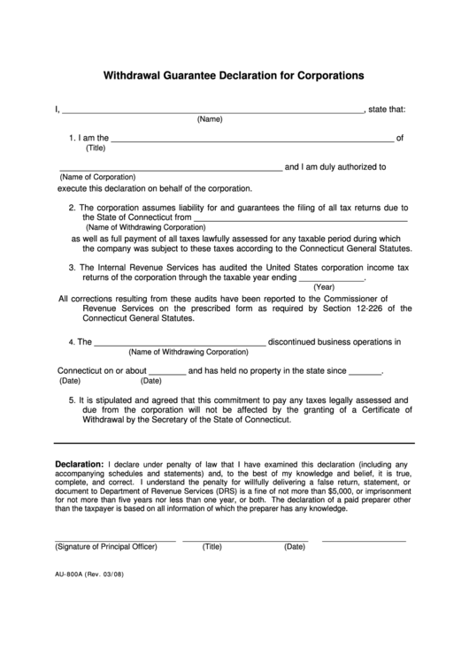 Form Au-800a - Withdrawal Guarantee Declaration For Corporations Printable pdf