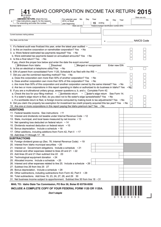 Fillable Form 41 - Idaho Corporation Income Tax Return - 2015 Printable pdf