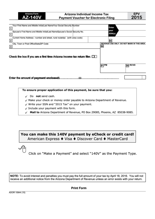 Fillable Arizona Form Az-140v - Arizona Individual Income Tax Payment Voucher For Electronic Filing - 2015 Printable pdf