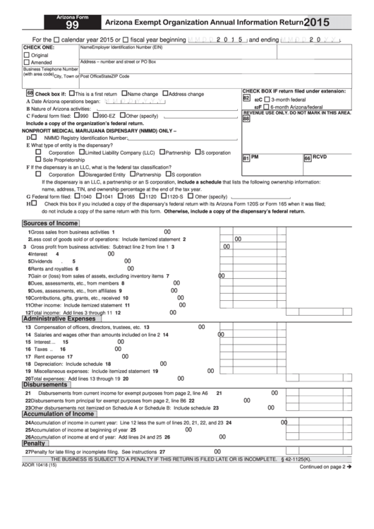 Fillable Arizona Form 99 - Arizona Exempt Organization Annual Information Return - 2015 Printable pdf