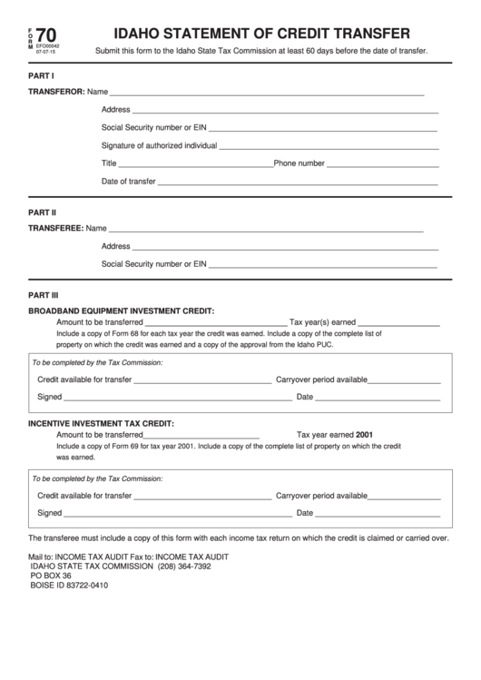 Form 70 - Idaho Statement Of Credit Transfer Printable pdf