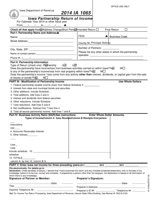 Fillable Form Ia 1065 - Iowa Partnership Return Of Income - 2014 Printable pdf