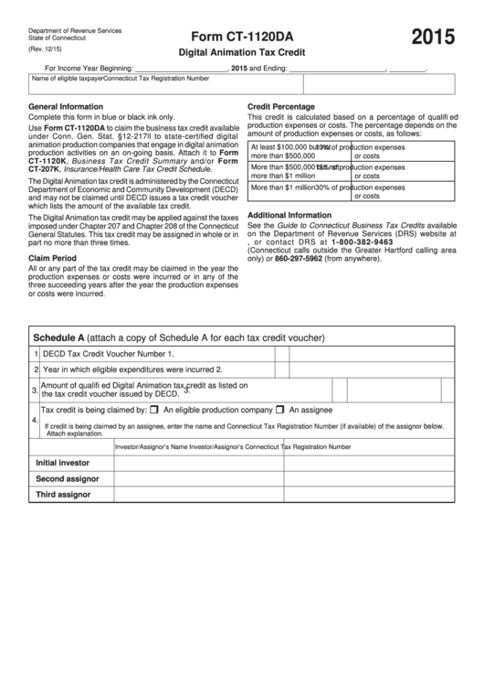 Form Ct-1120da - Digital Animation Tax Credit - 2015 Printable pdf