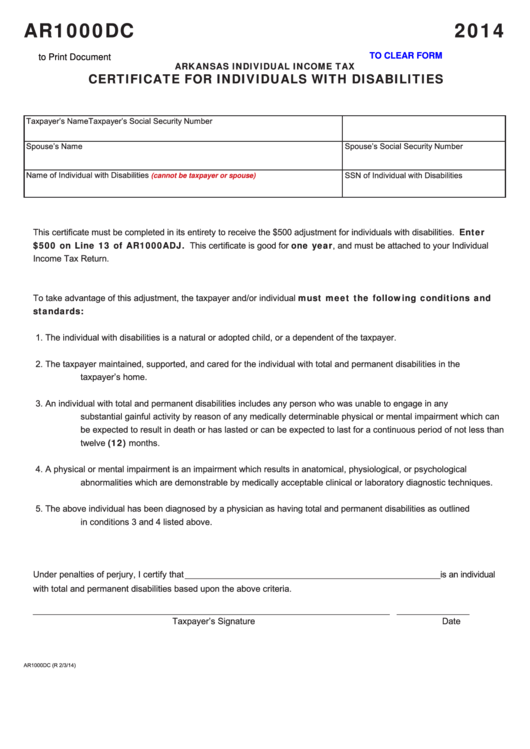 Fillable Form Ar1000dc - Arkansas Certificate For Individuals With Disabilities - 2014 Printable pdf