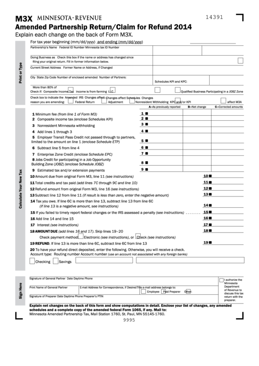 Fillable Form M3x - Minnesota Amended Partnership Return/claim For Refund - 2014 Printable pdf
