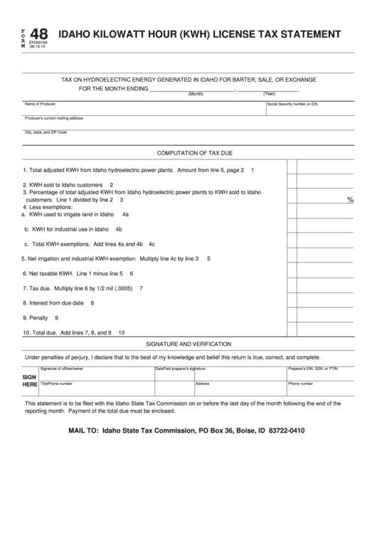 Form 48 - Idaho Kilowatt Hour (Kwh) License Tax Statement Printable pdf