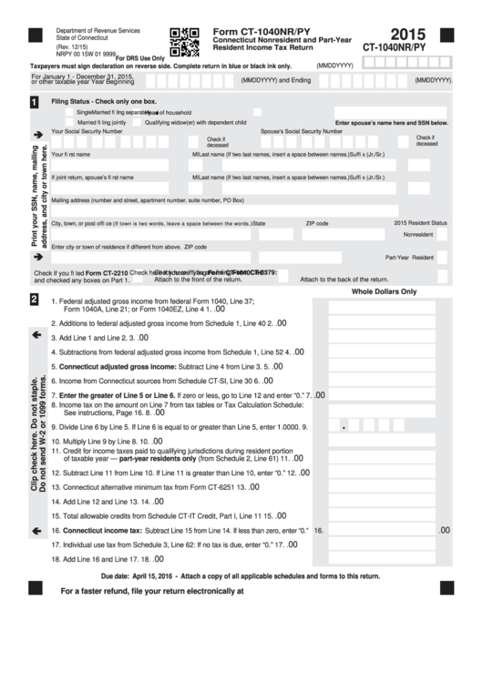 Form Ct-1040nr/py - Connecticut Nonresident And Part-Year Resident Income Tax Return - 2015 Printable pdf
