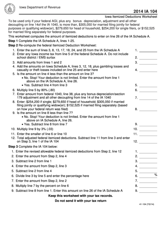Form Ia 104 - Iowa Itemized Deductions Worksheet - 2014 Printable pdf