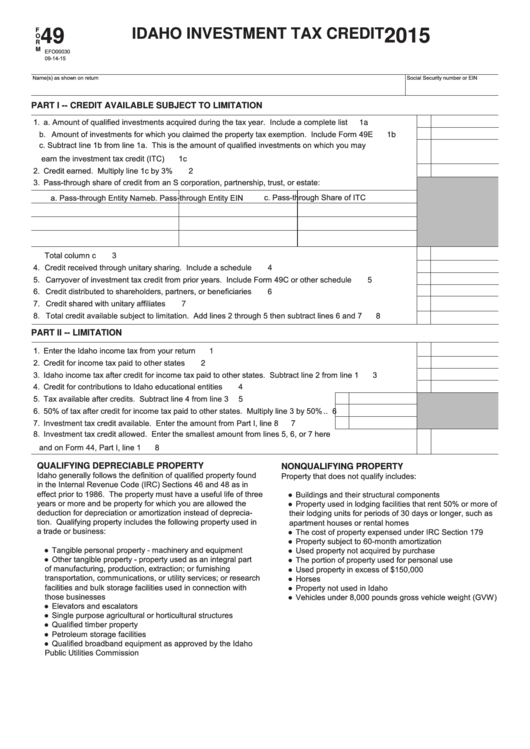 Fillable Form 49 - Idaho Investment Tax Credit - 2015 printable pdf ...