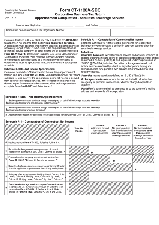 Form Ct-1120a-Sbc - Corporation Business Tax Return Apportionment Computation - Securities Brokerage Services Printable pdf
