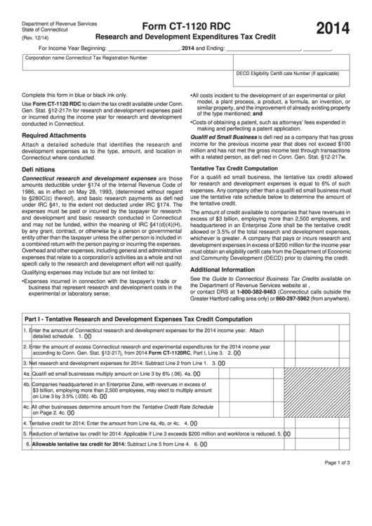 Form Ct-1120 Rdc - Connecticut Research And Development Expenditures Tax Credit - 2014 Printable pdf