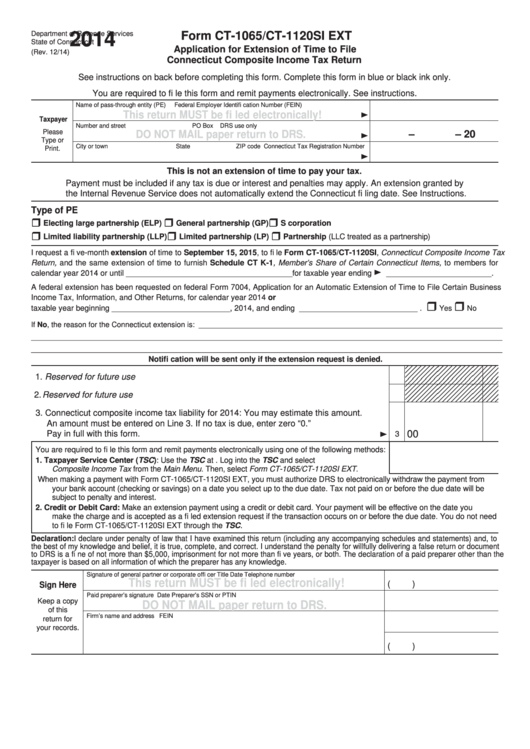 Form Ct-1065/ct-1120si Ext - Application For Extension Of Time To File Connecticut Composite Income Tax Return - 2014 Printable pdf