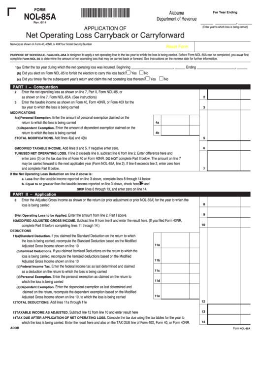 Fillable Form Nol-85a - Alabama Application Of Net Operating Loss Carryback Or Carryforward Printable pdf