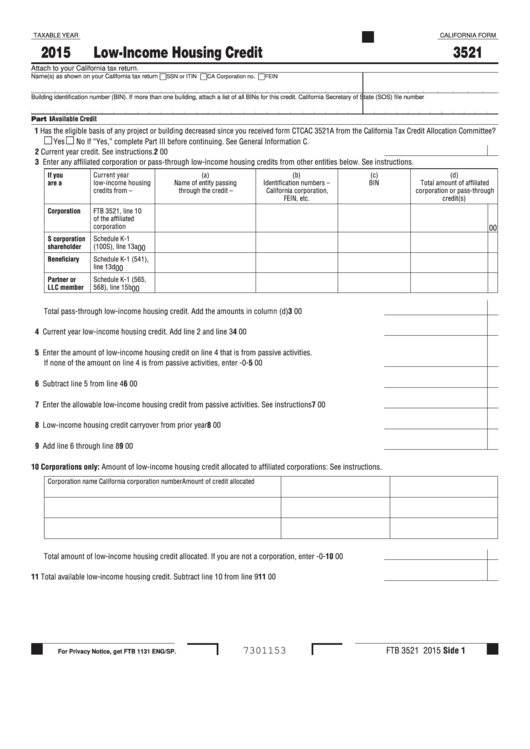 Fillable Form 3521 - California Low-Income Housing Credit - 2015 Printable pdf