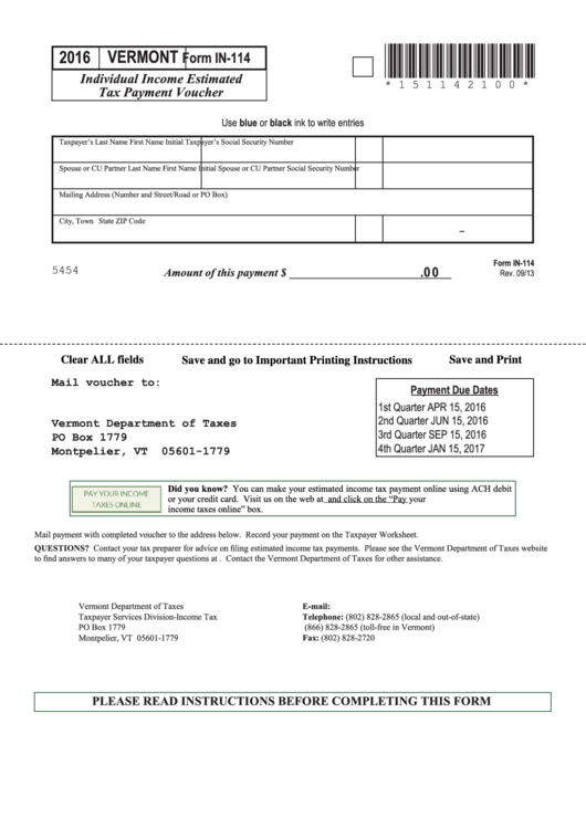 Fillable Form In-114 - Vermont Individual Income Estimated Tax Payment Voucher - 2016 Printable pdf