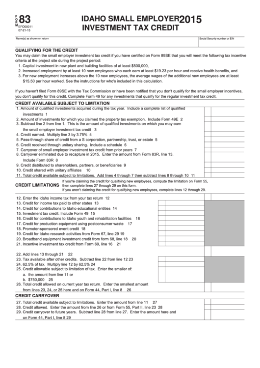 Fillable Form 83 - Idaho Small Employer Investment Tax Credit - 2015 Printable pdf