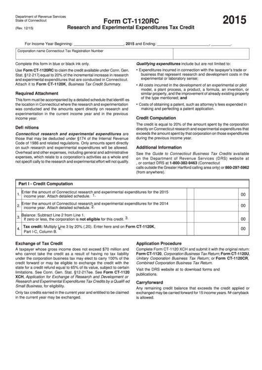 Form Ct-1120rc - Research And Experimental Expenditures Tax Credit - 2015 Printable pdf