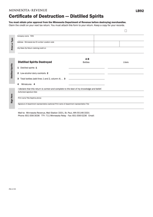 Fillable Form Lb92 - Certificate Of Destruction - Distilled Spirits Printable pdf