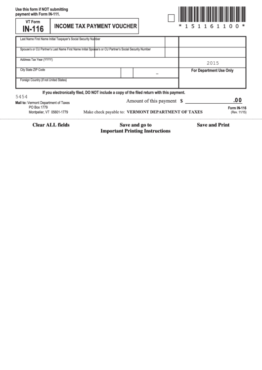 Fillable Vt Form In-116 - Income Tax Payment Voucher Printable pdf