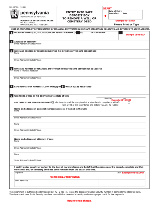 Fillable Pennsylvania Entry Into Safe Deposit Box To Remove A Will Or Cemetery Deed Printable pdf