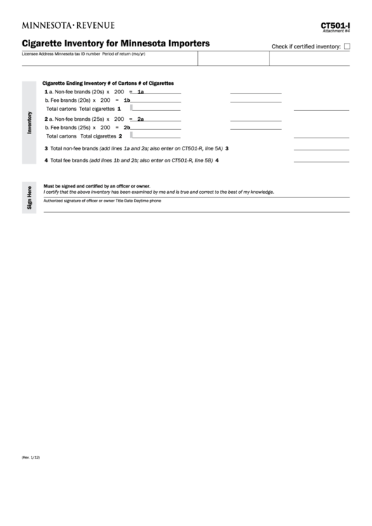 Fillable Form Ct501-I - Cigarette Inventory For Minnesota Importers Printable pdf
