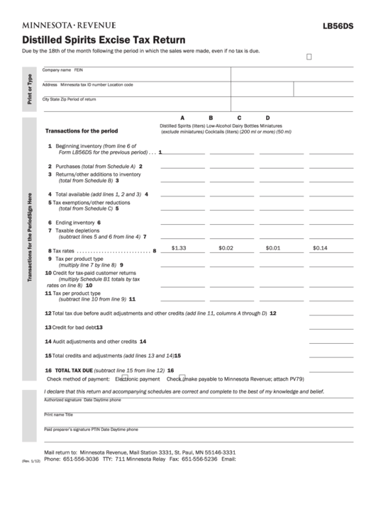 Fillable Form Lb56ds Distilled Spirits Excise Tax Return Printable Pdf Download 0230