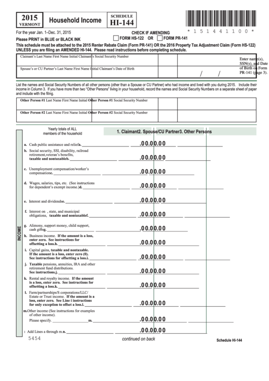 Fillable Schedule Hi-144 - Vermont Household Income - 2015, Form Pr-141 - Vermont Renter Rebate Claim - 2015 Printable pdf