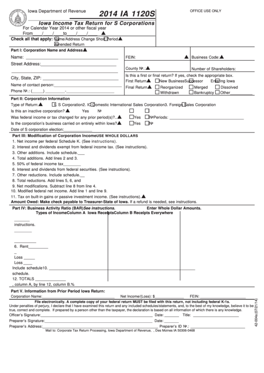 Fillable Form Ia 1120s - Iowa Income Tax Return For S Corporations - 2014 Printable pdf