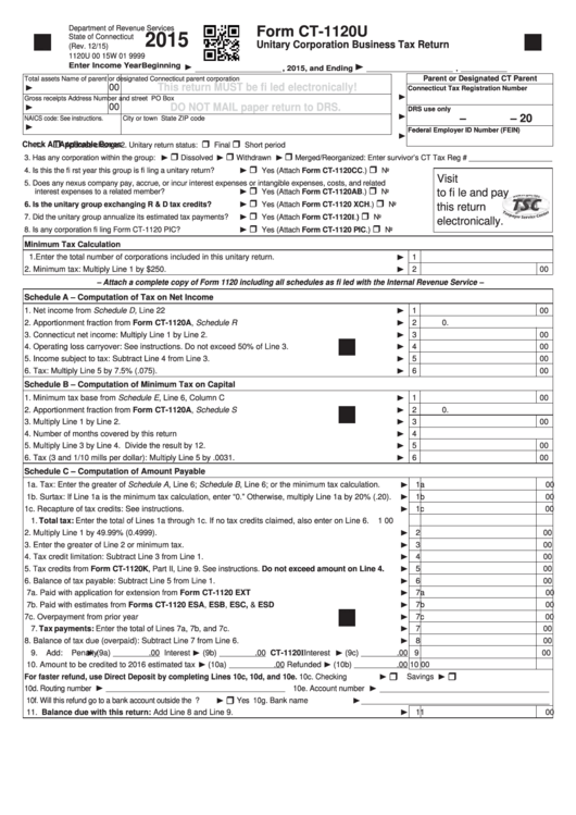 Form Ct-1120u - Unitary Corporation Business Tax Return - 2015 Printable pdf