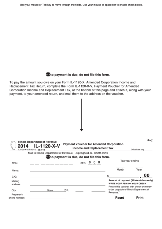 Fillable Form Il-1120-X-V - Illinois Payment Voucher For Amended Corporation Income And Replacement Tax - 2014 Printable pdf