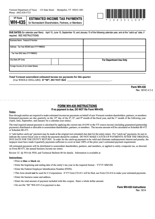 Vt Form Wh-435 - Estimated Income Tax Payments For Nonresident Shareholders, Partners, Or Members Printable pdf