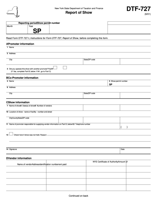 Form Dtf-727 - Report Of Show Printable pdf