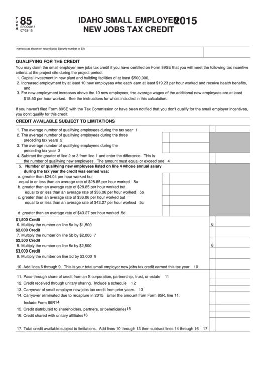 Fillable Form 85 - Idaho Small Employer New Jobs Tax Credit - 2015 Printable pdf