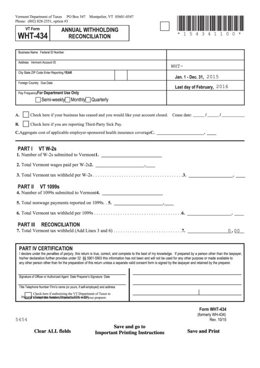 Fillable Form Wht-434 - Vermont Annual Withholding Reconciliation Printable pdf