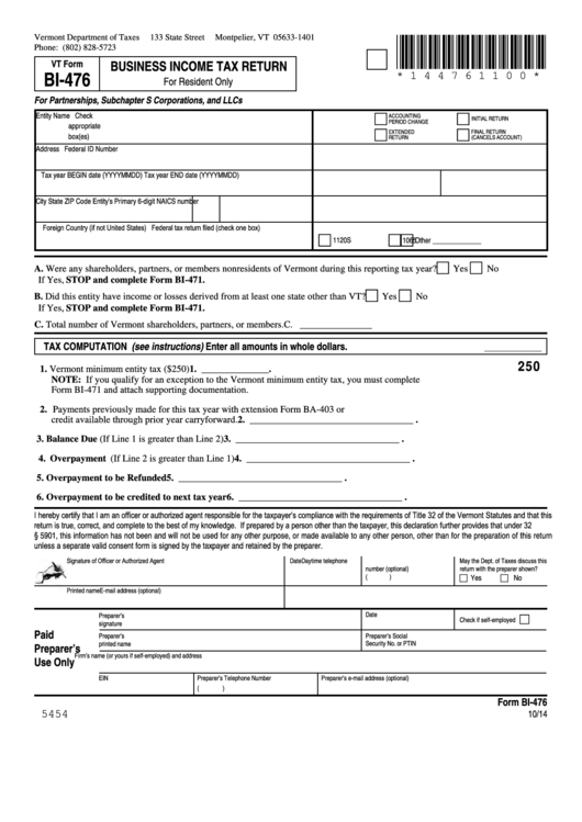 Vt Form Bi-476 - Business Income Tax Return Printable pdf