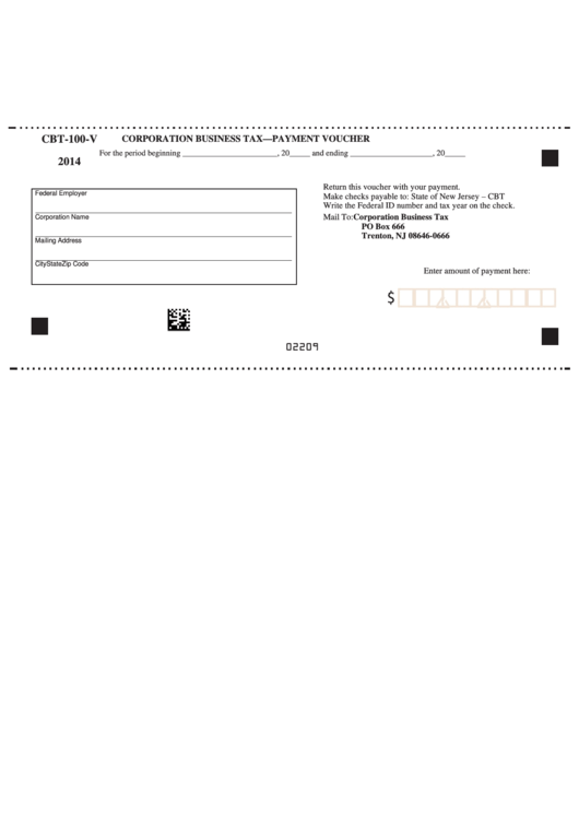 Fillable Form Cbt-100-V - New Jersey Corporation Business Tax Payment Voucher - 2014 Printable pdf