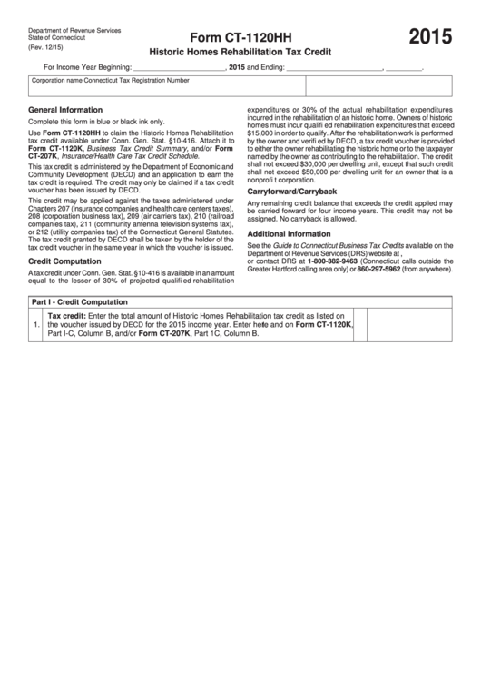 Form Ct-1120hh - Historic Homes Rehabilitation Tax Credit - 2015 Printable pdf