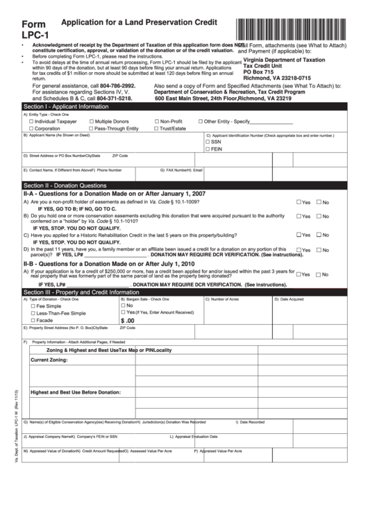 Fillable Form Lpc-1 - Virginia Application For A Land Preservation Credit Printable pdf