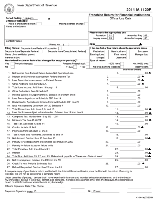 Form Ia 1120f - Franchise Return For Financial Institutions - 2014 Printable pdf