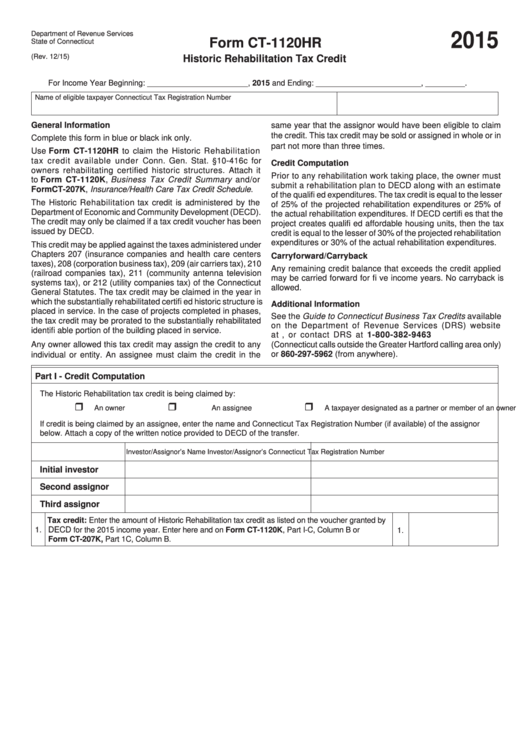 Form Ct-1120hr - Historic Rehabilitation Tax Credit - 2015 ...