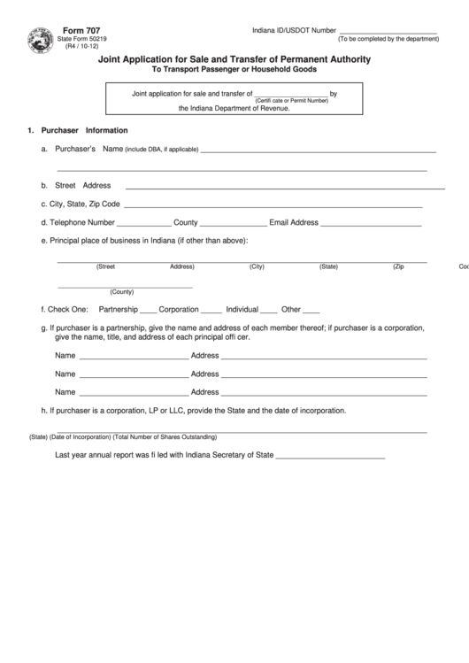 Fillable Form 707 - Joint Application For Sale And Transfer Of Permanent Authority - To Transport Passenger Or Household Goods Printable pdf