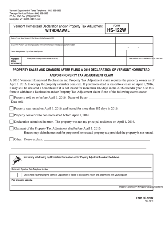 Form Hs-122w - Vermont Homestead Declaration And/or Property Tax Adjustment Withdrawal Printable pdf