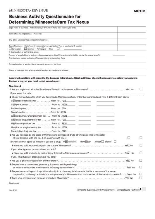 Fillable Form Mc101 - Minnesota Business Activity Questionnaire For Determining Minnesotacare Tax Nexus Printable pdf