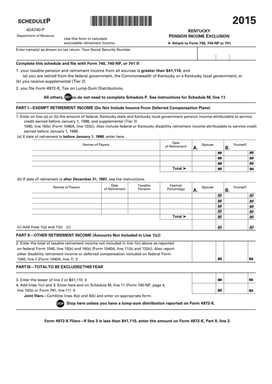 Fillable Schedule P - Kentucky Pension Income Exclusion - 2015 Printable pdf