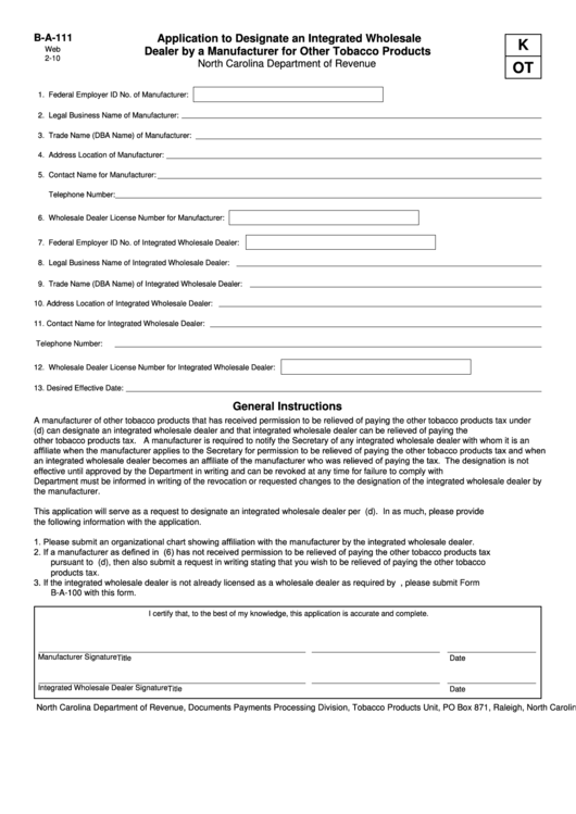Form B-A-111 - Application To Designate An Integrated Wholesale Dealer By A Manufacturer For Other Tobacco Products Printable pdf